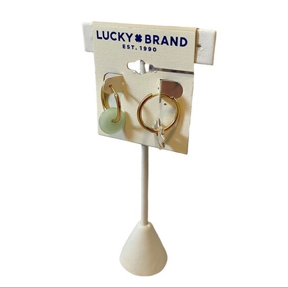 Lucky Gold Toned Hoop Dangle Earrings w/ Lt. Green round stone & Silver star. - Picture 3 of 6